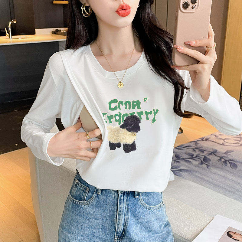 春秋纯棉侧开哺乳长袖T恤产后小羊印花月子期外穿中长款喂奶上衣