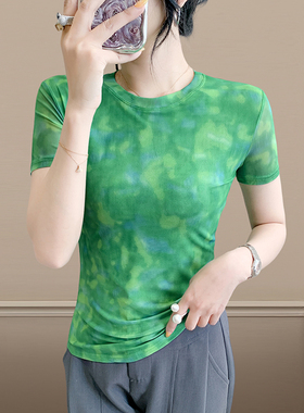 网纱绿色圆领短袖T恤女装薄纱衣洋气小衫设计感夏季时尚弹力上衣