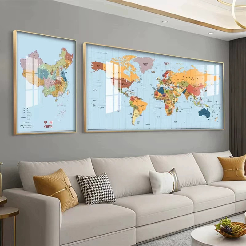 中英文组合中国世界地图装饰画办公室客厅沙发背景墙面挂画铝合金