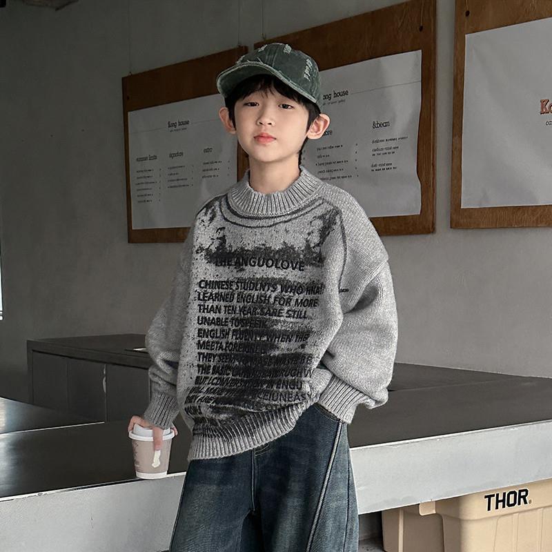 男童毛衣秋冬款2025新款中大童加厚冬季男孩针织儿童墨染上衣潮牌
