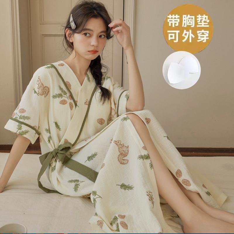 自带胸垫一体睡裙女夏季日式薄款纱布和服浴袍夏天短袖睡袍家居服