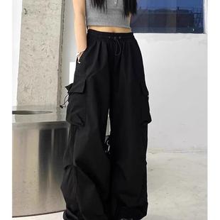 秋冬女性黑色休闲工装裤羊毛衬里加厚美国高街嘻哈宽松高腰运动阔