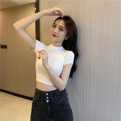 百搭短袖上衣服夏季2025小个子紧身修身纯色高腰露脐超短款t恤女