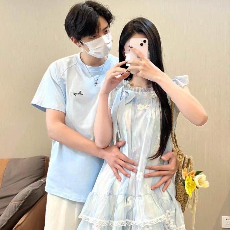 法式蓝色波浪绣花短袖连衣裙女夏季2025新款情侣装高级感一衣一裙,女装/女士精品,连衣裙,淘宝优惠券,粉丝福利购,淘宝优惠卷