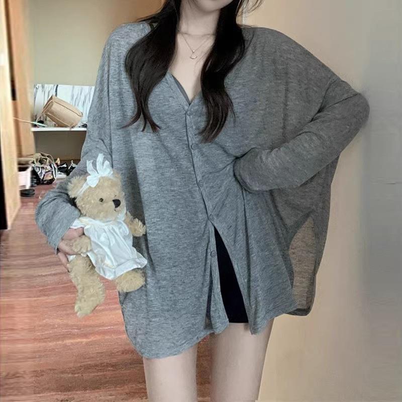 夏季2025新款开衫外搭灰色慵懒风罩衫防晒衬衫外套薄款女长袖上衣