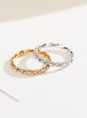 精致叠戴款小麻花满镶钻石戒指女925纯银镀18K玫瑰金手工镶嵌混搭