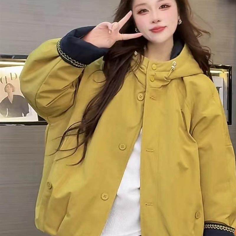 2025秋冬新款韩系撞色连帽加绒棉服外套女短款宽松时尚休闲棉衣,女装/女士精品,棉衣/棉服,淘宝优惠券,粉丝福利购,淘宝优惠卷