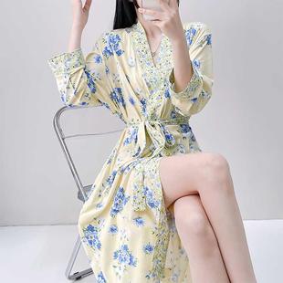 吸水印花睡袍大码 四季 浴袍薄款 可穿欧美女式 宽松家居服 纯棉七分袖