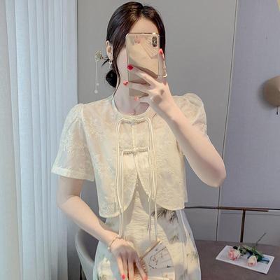 新中式国风短袖衬衫女夏季配吊带裙外搭防晒披肩外套盘扣短款上衣