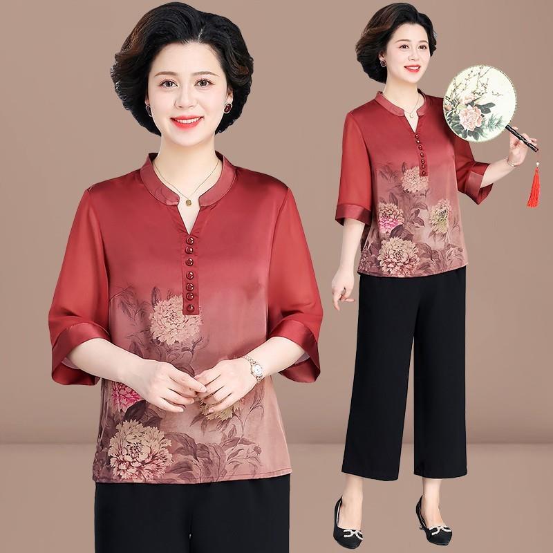 妈妈夏装2025新款新中式洋气小衫套装中老年女装夏季时尚短袖衣服
