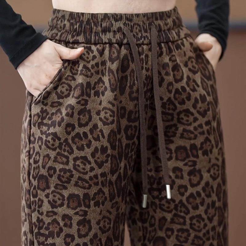 2025新款豹纹休闲卫裤阔腿女裤秋冬款加绒加厚抽绳松紧腰直筒裤子,女装/女士精品,卫裤,淘宝优惠券,粉丝福利购,淘宝优惠卷