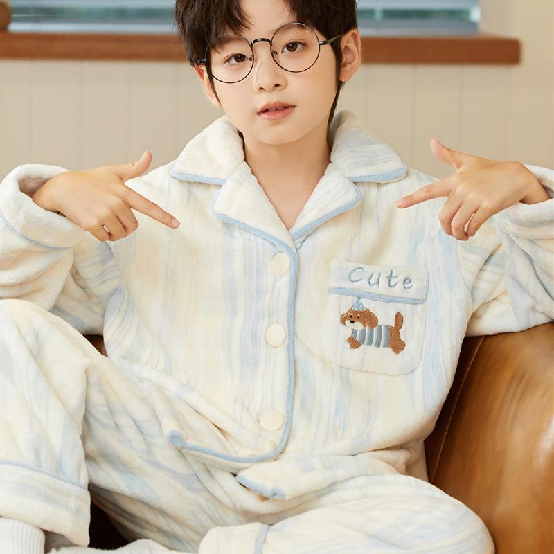 男童珊瑚绒睡衣保暖加厚秋冬装中大童腊肠狗儿童宝宝法兰绒家居服