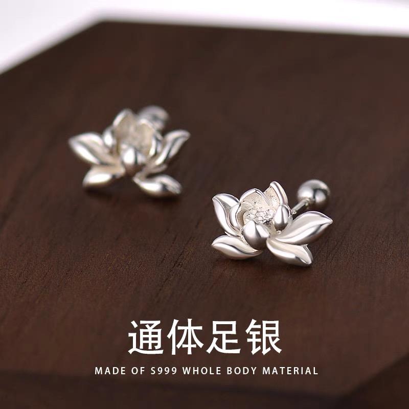 S999纯银招财转运莲花耳钉女耳饰小众复古国潮汉服旗袍高级感新款