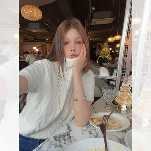 IUIU阿晶家 超柔羊驼毛绞花高领短袖毛衣女冬季设计感百搭针织衫