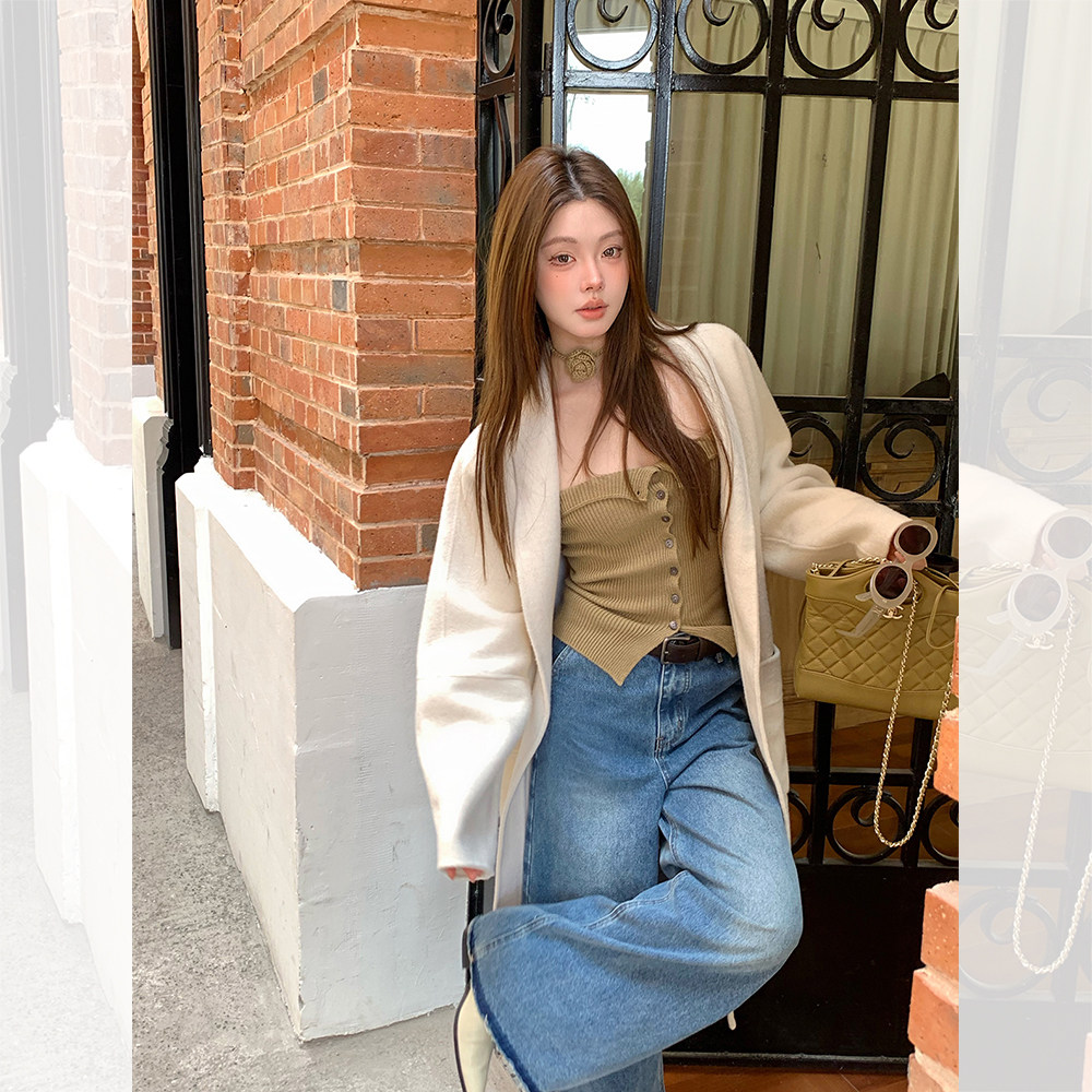 IUIU阿晶家 奶油杏羊毛双面呢外套女秋冬新款中长款气质翻领大衣