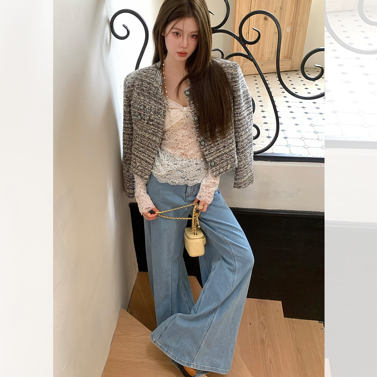 IUIU阿晶家灰蓝粗花呢小香风编织外套女2024秋季短款时尚气质上衣