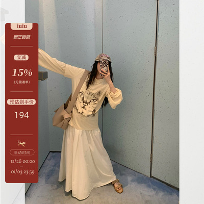 IUIU阿晶家 open猫咪拼接袖T恤女初秋新款宽松拼接假两件休闲上衣