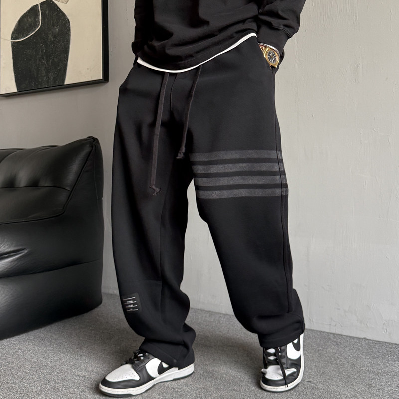 春秋美式休闲痞帅重磅条纹黑色卫裤男宽松抽绳百搭高街运动阔腿裤,男装,卫裤,淘宝优惠券,粉丝福利购,淘宝优惠卷