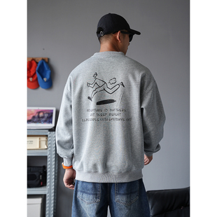秋季美式休闲痞帅重磅印花灰色圆领卫衣男宽松通勤大码长袖上衣潮