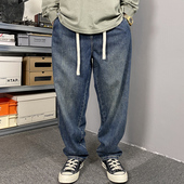 秋冬季 子 男直筒宽松紧腰高街微喇阔腿长裤 美式 复古做旧加绒牛仔裤