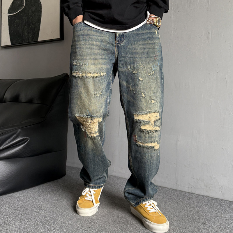 复古做旧破洞牛仔裤男直筒宽松