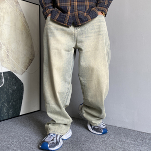 男直筒宽松阔腿拖地老爹裤 休闲痞帅水洗复古怀旧牛仔裤 子 美式 春季