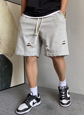 破洞灰色短裤男宽松抽绳纯棉