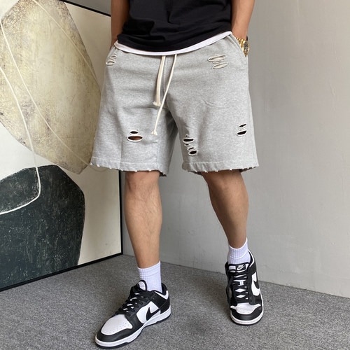 破洞灰色短裤男宽松抽绳纯棉