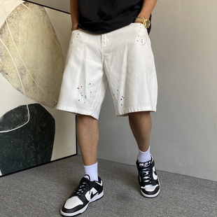 夏季美式休闲痞帅油漆泼墨白色牛仔短裤男直筒宽松百搭五分裤子潮