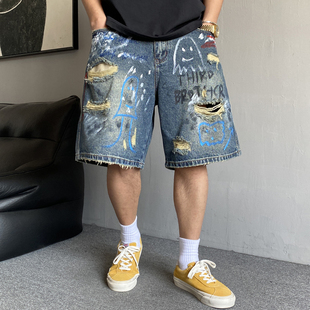 夏季美式休闲痞帅涂鸦彩绘复古破洞牛仔短裤男直筒宽松高街五分裤