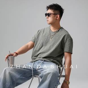 T恤男宽松健身百搭纯棉体恤 高端竹节棉复古毛边短袖 占大帅 美式