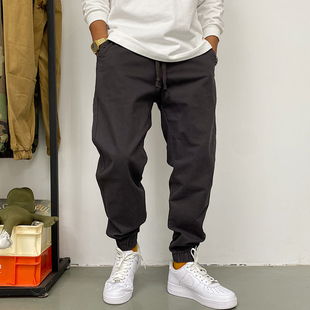 男宽松潮牌简约百搭抽绳束脚裤 春秋季 裤 休闲外贸痞帅纯色工装 美式