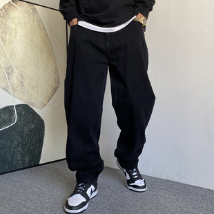 男直筒宽松百搭阔腿裤 休闲痞帅重磅复古黑色牛仔裤 子潮 美式 春秋季