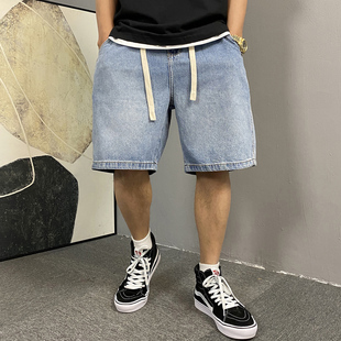 夏季 休閑痞帥水洗復古牛仔短褲 男直筒寬松潮牌百搭5五分褲 子 美式