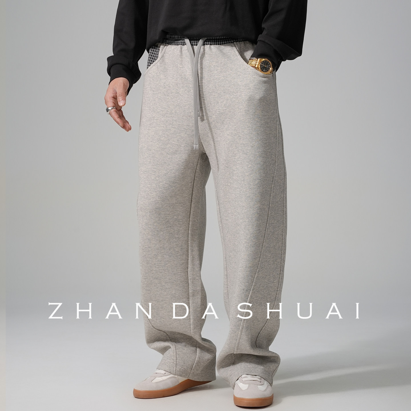 占大帅 春秋美式重磅针织卫裤男直筒宽松抽绳百搭大码阔腿长裤潮,男装,卫裤,淘宝优惠券,粉丝福利购,淘宝优惠卷