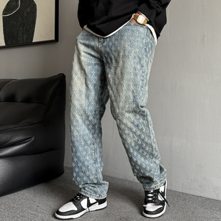男直筒宽松百搭阔腿长裤 休闲痞帅复古提花满印牛仔裤 潮 美式 春秋季