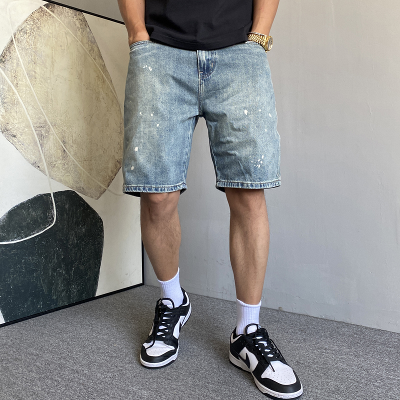 复古泼墨牛仔短裤男宽松百搭大码