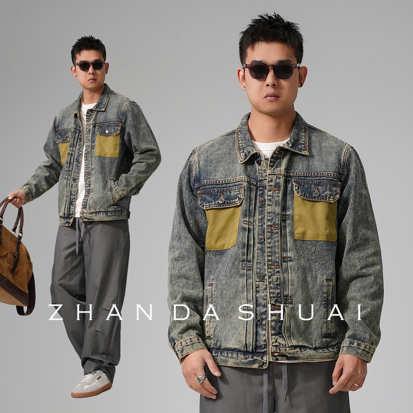 占大帅 美式休闲痞帅水洗复古牛仔外套男宽松通勤百搭翻领夹克潮,男装,牛仔外套,淘宝优惠券,粉丝福利购,淘宝优惠卷