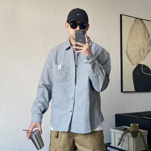 春秋季美式休闲痞帅水洗纯棉条纹衬衫男长袖宽松高街百搭衬衣潮牌