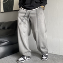 秋冬季美式休闲重磅加绒做旧脏脏灰色卫裤男直筒宽松运动阔腿裤子