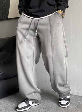 秋冬季美式休闲重磅加绒做旧脏脏灰色卫裤男直筒宽松运动阔腿裤子