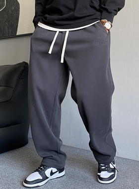 秋冬季美式休闲灰色加绒运动卫裤男直筒宽松抽绳百搭阔腿长裤子潮