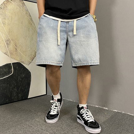 夏季美式休闲痞帅水洗复古牛仔短裤男直筒宽松高街百搭5五分裤子