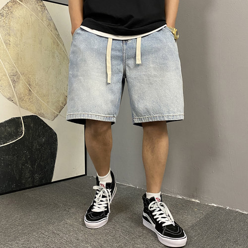 水洗复古牛仔短裤男直筒宽松