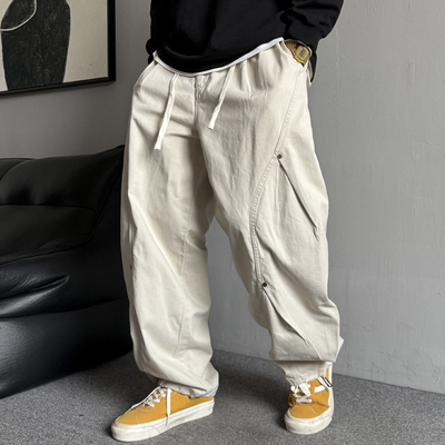 秋冬季美式休闲痞帅加绒纯棉工装裤男直筒宽松抽绳阔腿弯刀裤子潮