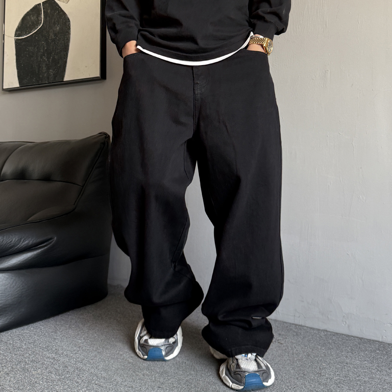 cleanfit黑色牛仔裤男直筒宽松