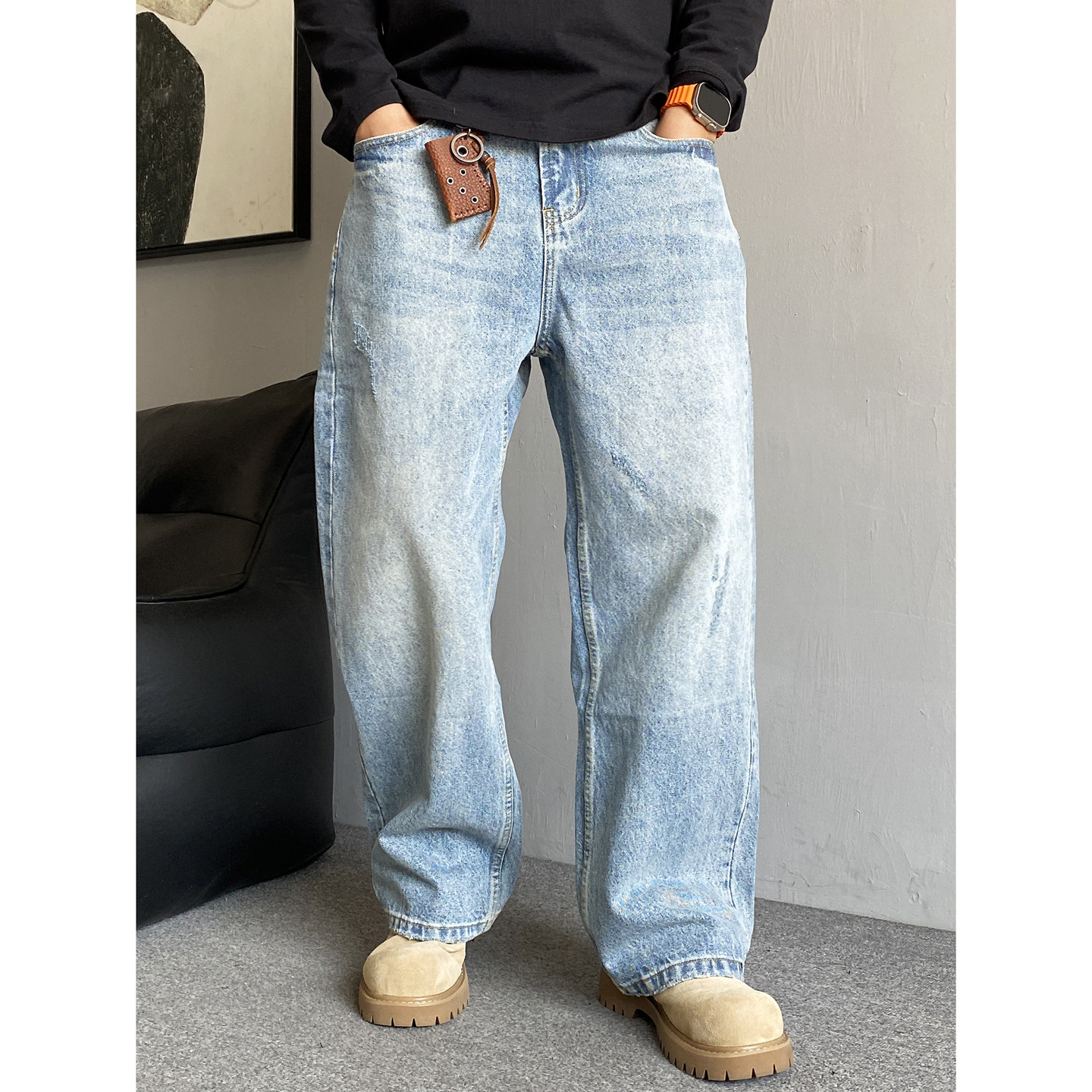 秋季美式休闲痞帅重磅水洗复古浅蓝色牛仔裤男直筒宽松百搭阔腿裤