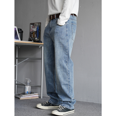水洗复古蓝色牛仔裤男直筒宽松