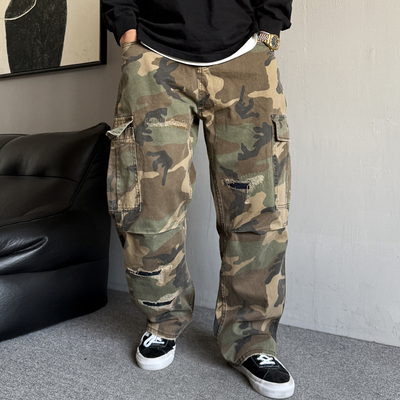 重磅迷彩破洞大口袋工装裤男直筒