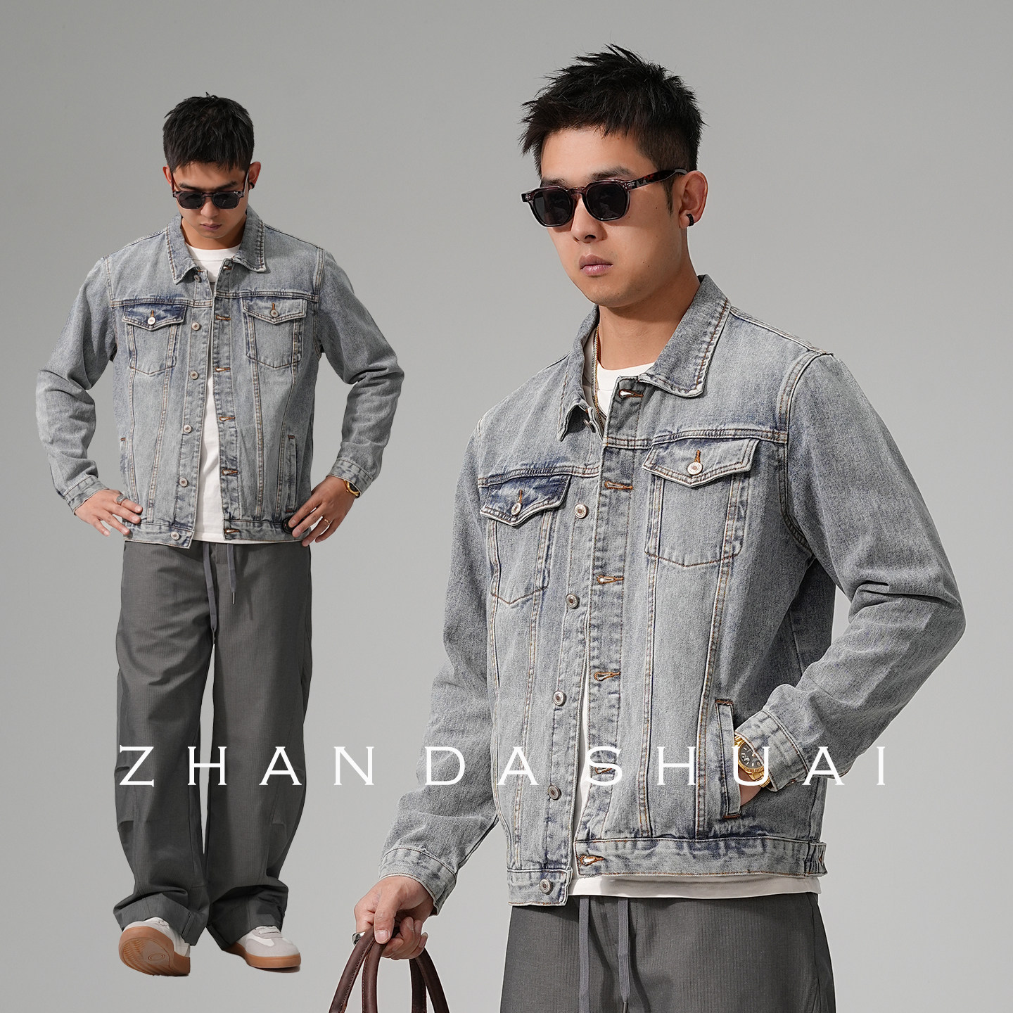 占大帅 美式休闲痞帅水洗复古牛仔外套男宽松通勤百搭翻领夹克潮,男装,牛仔外套,淘宝优惠券,粉丝福利购,淘宝优惠卷